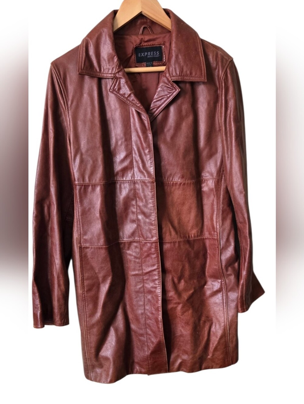 Express Genuine Leather Coat 13/14 Brown Y2K Vintage Button Front